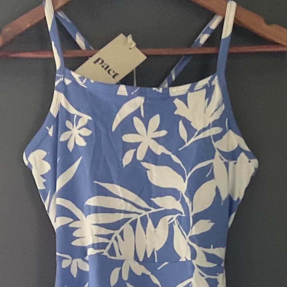 PACT Fit & Flare Midi Dress BLUE and WHITE New with Tags Size Small
